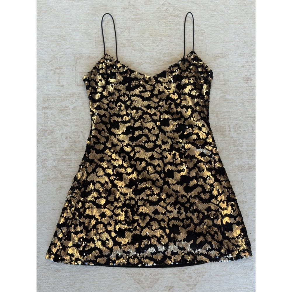 Superdown Womens Gold Black Sequin Leopard Print Mini Dress V-Neck Small